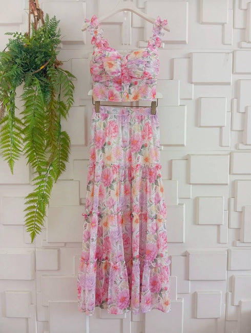Summer Flower Crops Tops With Tiered Long Skirts